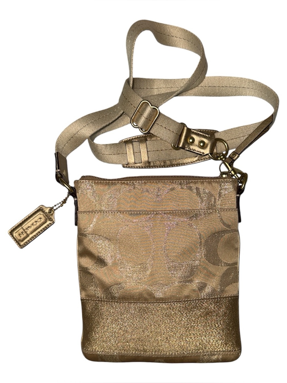 COACH Signature Stripe Shimmer gold studded crossbody bag